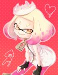  +_+ 1girl black_gloves brown_eyes commentary_request cowboy_shot domino_mask dress emblem fingerless_gloves gloves gradient_hair hands_on_legs heart hime_(splatoon) honotai leaning_forward looking_at_viewer mask multicolored_hair open_mouth pantyhose pink_hair pink_legwear polka_dot polka_dot_background red_background short_dress sleeveless sleeveless_dress smile solo sparkle splatoon splatoon_2 squid standing tentacle_hair white_dress white_hair zipper zipper_pull_tab 