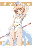  1girl antenna_hair brown_hair card_captor_sakura cowboy_shot flat_chest gloves green_eyes highres kinomoto_sakura leotard looking_down magical_girl ontaros short_hair showgirl_skirt solo standing strapless strapless_leotard wand white_background white_gloves white_leotard 