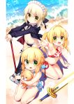  3girls ahoge artoria_pendragon_(all) artoria_pendragon_(swimsuit_archer) artoria_pendragon_(swimsuit_rider_alter) bangs bare_arms bare_legs bare_shoulders barefoot beach bikini black_bikini black_bow black_jacket blonde_hair blue_bow blush bow braid breasts chihiro_(khorosho) closed_mouth collarbone commentary_request day excalibur eyebrows_visible_through_hair fate/grand_order fate_(series) green_eyes hair_between_eyes hair_bow hair_intakes hood hood_down hooded_jacket jacket long_hair looking_at_viewer maid_headdress medium_breasts mop multiple_girls nero_claudius_(fate)_(all) nero_claudius_(swimsuit_caster)_(fate) open_clothes open_jacket outdoors outstretched_arm pixiv_fate/grand_order_contest_2 saber saber_alter saber_extra sand sandals seiza shoe_soles sidelocks sitting standing striped striped_bikini stuffed_animal stuffed_lion stuffed_toy swimsuit twintails water white_bikini white_footwear 