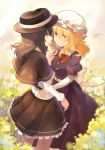  2girls black_capelet black_skirt blonde_hair bow bowtie breasts brown_eyes brown_hair brown_hat capelet commentary_request cowboy_shot dress eye_contact eyebrows_visible_through_hair eyes_visible_through_hair fedora field flower flower_field hair_between_eyes hand_holding hat highres interlocked_fingers long_hair long_sleeves looking_at_another maribel_hearn medium_breasts mob_cap multiple_girls parted_lips petticoat profile puffy_short_sleeves puffy_sleeves purple_dress red_bow red_neckwear rin_falcon shirt short_sleeves skirt smile standing touhou usami_renko white_flower white_hat white_shirt white_sleeves yellow_eyes yuri 