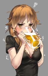  92m alcohol beer blouse blush brown_eyes brown_hair cup idolmaster idolmaster_cinderella_girls idolmaster_cinderella_girls_starlight_stage katagiri_sanae low_twintails mug ringed_eyes twintails upper_body 