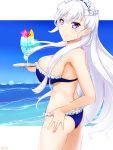  1girl azur_lane bangs bare_arms bare_shoulders belfast_(azur_lane) bikini blue_bikini blue_sky blush braid breasts caruta closed_mouth commentary_request day eyebrows_visible_through_hair fingernails frilled_bikini frills hair_between_eyes holding holding_tray horizon large_breasts long_hair maid_headdress ocean outdoors silver_hair sky smile solo swimsuit tray twitter_username very_long_hair violet_eyes water 