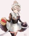  1girl atoatto basket commentary_request cosplay felicia_(fire_emblem_if) felicia_(fire_emblem_if)_(cosplay) fire_emblem fire_emblem_heroes fire_emblem_if food fruit gem grey_eyes hair_bun holding holding_basket juliet_sleeves kanna_(female)_(fire_emblem_if) kanna_(fire_emblem_if) long_sleeves maid maid_headdress open_mouth pointy_ears puffy_sleeves ribbon signature silver_hair simple_background solo strawberry thigh-highs white_ribbon zettai_ryouiki 