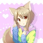  1girl animal_ears brown_eyes chaakusu character_name fennery fox_ears highres hood hoodie light_brown_hair polka_dot purple_background short_hair show_by_rock!! two-tone_background v white_background 