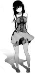  1girl arms_behind_back artist_name bangs bare_shoulders blush breasts cash007 collarbone flower full_body garter_straps head_tilt highres large_breasts long_hair looking_at_viewer miniskirt monochrome original shadow skirt solo standing strapless_shirt thigh-highs wind 
