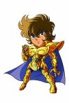  1boy armor blue_eyes boots breastplate brown_hair cape chibi clenched_hand closed_mouth commentary_request gold_armor gold_saint highres kotatsu_(g-rough) legs_apart leo_aiolia looking_at_viewer male_focus purple_cape saint_seiya serious simple_background solo spaulders white_background 