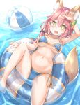  1girl animal_ears bikini blue_bikini breasts collarbone fang fate/grand_order fate_(series) fox_ears fox_tail highres innertube keiran_(ryo170) large_breasts looking_at_viewer navel open_mouth pink_hair pixiv_fate/grand_order_contest_2 side-tie_bikini solo swimsuit tail tamamo_(fate)_(all) tamamo_no_mae_(swimsuit_lancer)_(fate) water yellow_eyes 