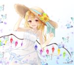  1girl :d alternate_costume alternate_headwear artist_name bare_arms bare_shoulders blonde_hair blue_background blue_ribbon blush bug butterfly collarbone commentary_request cowboy_shot crystal dress flandre_scarlet flower gradient gradient_background hair_between_eyes hand_on_headwear hands_up haruki_(colorful_macaron) hat hat_flower hat_ribbon highres insect long_hair looking_at_viewer open_mouth orange_flower red_eyes ribbon side_ponytail smile solo spaghetti_strap standing sun_hat sundress touhou twitter_username white_background white_dress wings yellow_flower 