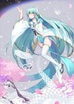  1girl aqua_hair bow cherry_blossoms command_spell commentary_request dragon_girl dragon_horns fate/grand_order fate_(series) highres horns japanese_clothes kimono kiyohime_(fate/grand_order) long_hair obi pixiv_fate/grand_order_contest_2 sash snake solo_focus thigh-highs water white_legwear wide_sleeves yellow_bow yellow_eyes yuura 