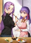  2girls apron chopsticks commentary commentary_request emiya-san_chi_no_kyou_no_gohan fate/stay_night fate_(series) food glasses hair_ribbon homurahara_academy_uniform long_hair matou_sakura multiple_girls pink_apron plate purple_hair ribbon rider school_uniform sweater turtleneck turtleneck_sweater violet_eyes whoisshe 