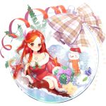  bare_shoulders bow brown_eyes christmas collarbone commission jewelry long_hair looking_at_viewer multicolored_hair necklace orange_eyes orange_hair original redhead runastark santa_costume smile thigh-highs 