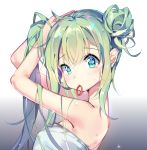  1girl adjusting_hair ahoge arms_up from_side gradient gradient_background green_eyes green_hair hair_bun hatsune_miku highres liuqing_(635320902) mouth_hold naked_towel sidelocks solo towel upper_body vocaloid wet 