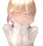  1girl aiba_yumi bare_shoulders blonde_hair blush closed_eyes commentary_request flying_sweatdrops hands_on_own_cheeks hands_on_own_face holysnow idolmaster idolmaster_cinderella_girls off-shoulder_sweater short_hair simple_background smile solo sweater upper_body wavy_mouth 