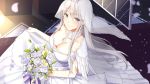  1girl alternate_costume azur_lane bangs bare_shoulders bell bouquet bow breasts bridal_veil choker cleavage closed_mouth collarbone dress dress_lift earrings enterprise_(azur_lane) eyebrows eyebrows_visible_through_hair floating_hair flower from_above hair_between_eyes highres holding holding_bouquet indoors jewelry large_breasts leaf long_hair necklace petals rose sidelocks silver_hair smile solo standing straight_hair strapless strapless_dress tiara veil violet_eyes wedding_dress white_bow white_dress white_flower white_rose youki_yt 