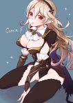 1girl arm_guards armor armored_dress between_legs black_dress black_leotard breasts cape character_name cleavage cleavage_cutout commentary dress elbow_sleeve emerald eyebrows_visible_through_hair female_my_unit_(fire_emblem_if) fire_emblem fire_emblem_heroes frills gem hairband hand_between_legs highres jewelry large_breasts leotard long_hair my_unit_(fire_emblem_if) nekolico open_mouth pointy_ears red_eyes seiza silver_hair sitting thigh-highs thighs white_neckwear 
