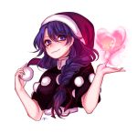  1girl :3 black_capelet blue_eyes blue_hair braid capelet commentary_request cropped_torso doremy_sweet dream_soul eyebrows_visible_through_hair hair_between_eyes hair_ribbon hands_up hat heart long_hair looking_at_viewer nightcap pom_pom_(clothes) red_ribbon ribbon santa_hat shan side_braid simple_background single_braid smile solo touhou upper_body white_background 