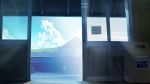  absurdres banishment blue_sky clouds commentary_request day door highres indoors light_rays nichijou no_humans original road scenery sky street summer train_station window 