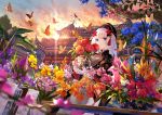  1girl architecture blue_eyes bug butterfly clouds east_asian_architecture flower fuji_choko hair_flower hair_ornament insect long_hair looking_at_viewer mole mole_under_eye original outdoors solo sunset vase water weather_vane white_hair 