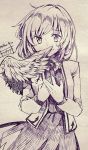  1girl bangs blush eyebrows_visible_through_hair feathered_wings hands_on_own_chest jacket kishin_sagume long_hair long_sleeves looking_at_viewer monochrome open_clothes open_jacket short_hair signature single_wing smile solo touhou traditional_media wadante wings 