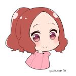  1girl alternate_hairstyle blush brown_eyes brown_hair commentary_request do_m_kaeru okumura_haru persona persona_5 pink_sweater ponytail ribbed_sweater smile solo sweater twitter_username upper_body 