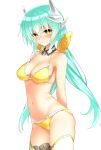  1girl :&gt; alternate_hairstyle bikini blush breasts closed_mouth collarbone cowboy_shot detached_collar eyebrows_visible_through_hair fate/grand_order fate_(series) frilled_bikini frills from_side hair_between_eyes head_tilt highres horns kiyohime_(fate/grand_order) long_hair looking_at_viewer medium_breasts navel solo standing swimsuit thigh-highs twintails very_long_hair white_background white_legwear yellow_bikini yellow_eyes 