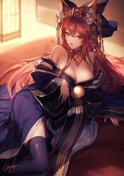  1girl animal_ears bare_shoulders bed_sheet blue_kimono blue_legwear breasts cleavage collar detached_collar detached_sleeves ears_through_headwear fate/grand_order fate_(series) fox_ears fox_tail hair_ornament indoors japanese_clothes kimono kyouya_(mukuro238) large_breasts long_hair lying obi on_side orange_hair sash sitting tail tamamo_(fate)_(all) tamamo_no_mae_(fate) very_long_hair wide_sleeves yellow_eyes 