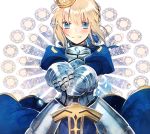  1girl :| armor armored_dress artoria_pendragon_(all) bangs blonde_hair blue_dress blue_eyes blue_ribbon blush closed_mouth crown dress excalibur eyebrows_visible_through_hair fate/stay_night fate_(series) gauntlets hair_ribbon juliet_sleeves kanasiinezimakineko long_sleeves looking_at_viewer puffy_sleeves ribbon saber shiny shiny_hair solo sword turtleneck turtleneck_dress weapon 