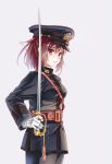  1girl alternate_costume black_hat black_jacket brown_eyes brown_hair cowboy_shot from_side gloves hair_ribbon hat holding holding_sword holding_weapon imperial_japanese_navy ise_(kantai_collection) jacket kantai_collection longmei_er_de_tuzi looking_at_viewer military military_hat military_uniform peaked_cap ponytail red_ribbon ribbon short_hair simple_background solo sword uniform weapon white_background white_gloves 