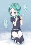  1other amimi androgynous blush gem_uniform_(houseki_no_kuni) green_eyes green_hair houseki_no_kuni kneeling looking_away phosphophyllite short_hair shy snow solo 