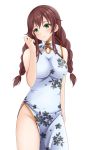  1girl alternate_costume bare_arms blush braid breasts brown_hair china_dress chinese_clothes dress green_eyes highres kantai_collection large_breasts long_hair noshiro_(kantai_collection) simple_background smile solo thighs twin_braids white_background white_dress yamato_(083) 
