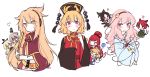  &gt;_&lt; 6+girls :3 =3 alternate_hair_length alternate_hairstyle animal_ears bangs black_eyes blonde_hair blush bow brown_hair cape cat_ears cat_tail chinese_clothes closed_eyes closed_mouth clownpiece commentary_request control_rod earmuffs eyebrows_visible_through_hair green_bow green_eyes green_skirt grey_hair hair_between_eyes hair_bow hair_flaps hairband hat heart hecatia_lapislazuli highres holding jester_cap junko_(touhou) kaenbyou_rin komeiji_satori long_hair long_sleeves looking_at_viewer mononobe_no_futo multiple_girls multiple_tails neck_ruff nose_blush open_mouth pink_eyes pink_hair polka_dot red_eyes redhead reiuji_utsuho ritual_baton shan short_hair short_sleeves side_ponytail sidelocks simple_background skirt sleeves_past_fingers soga_no_tojiko star star_print sweat tail tate_eboshi third_eye torch touhou toyosatomimi_no_miko white_background wings yellow_eyes 