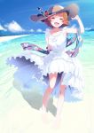  1girl :d arm_up bangs bare_arms bare_shoulders beach blue_sky blush bracelet breasts clouds collarbone commentary_request day dress eyebrows_visible_through_hair floral_print half-closed_eyes hand_on_headwear hat head_tilt highres horizon idolmaster idolmaster_million_live! idolmaster_million_live!_theater_days jewelry looking_at_viewer medium_breasts natsumi_akira necklace nonohara_akane ocean open_mouth orange_hair outdoors red_eyes sand shawl short_hair sky sleeveless sleeveless_dress smile solo straw_hat wading water white_dress 
