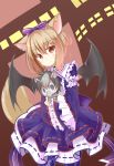  1girl animal animal_ears bat_wings chaakusu collar dress earrings expressionless fennery fox_ears fox_tail frilled_dress frilled_sleeves frills highres holding holding_animal jewelry light_brown_hair short_hair show_by_rock!! tail wide_sleeves wings zebrina_(show_by_rock!!) 