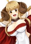  1girl anila_(granblue_fantasy) blonde_hair blush bouncing_breasts breasts brown_hair cape cleavage covered_navel eyebrows_visible_through_hair fur_trim granblue_fantasy horns ky_kosuke large_breasts long_hair open_mouth sheep_horns simple_background smile solo thick_eyebrows unaligned_breasts white_background 