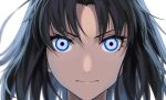  1girl blue_eyes blurry blurry_foreground brown_hair closed_mouth commentary_request depth_of_field eyes highres kara_no_kyoukai looking_at_viewer multicolored multicolored_eyes pink_eyes ryougi_shiki serious short_hair simple_background solo white_background zonotaida 