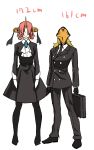  1boy 1girl alternate_costume avicebron_(fate) black_dress black_gloves blonde_hair cosplay dress facing_viewer fate/apocrypha fate/grand_order fate_(series) formal frankenstein&#039;s_monster_(fate) gloves hair_over_eyes height_difference holding horn kohige long_hair long_sleeves mask parody pink_hair r_dorothy_wayneright r_dorothy_wayneright_(cosplay) roger_smith roger_smith_(cosplay) short_hair standing suit suitcase the_big_o white_background white_gloves 