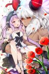  1boy 1girl :&lt; ;d absurdres anklet asterios_(fate/grand_order) bangs bare_shoulders black_bow black_hairband black_sclera blurry blurry_foreground blush bow bracelet breasts closed_mouth commentary_request dark_skin depth_of_field dress earrings euryale eyebrows_visible_through_hair fate/grand_order fate/hollow_ataraxia fate_(series) flower frilled_hairband hairband highres hoop_earrings horns jewelry ko_yu long_hair one_eye_closed open_mouth parted_bangs petals pixiv_fate/grand_order_contest_2 purple_hair red_eyes red_flower revision rose scar shirtless silver_hair simple_background sitting_on_arm sleeveless sleeveless_dress small_breasts smile toenails twintails very_long_hair white_background white_dress white_flower white_rose 