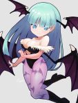  1girl animal_print bangs bare_shoulders bat_print bat_wings black_footwear blue_eyes blunt_bangs boots breasts bridal_gauntlets chibi cleavage commentary_request demon_girl head_wings high_heel_boots high_heels highres large_breasts leotard light_blue_hair long_hair looking_at_viewer morrigan_aensland pantyhose print_legwear pu-chin purple_legwear purple_wings shiny shiny_hair signature smile solo succubus vampire_(game) wings 