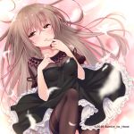  1girl 2018 ahoge bangs black_dress blurry blurry_foreground blush breasts brown_eyes brown_hair brown_legwear commentary_request depth_of_field dress eyebrows_visible_through_hair feathers finger_to_mouth frilled_dress frills hair_between_eyes highres ko_yu long_hair looking_at_viewer lying medium_breasts on_back original pantyhose parted_lips sleeveless sleeveless_dress solo strap_slip thighband_pantyhose very_long_hair white_feathers 
