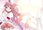  1girl bed bow brown_hair cat commentary_request eggplant eyebrows_visible_through_hair hat indoors kashiwaba_en long_hair looking_at_viewer looking_back lying natori_sana nurse_cap on_bed on_stomach pillow puffy_short_sleeves puffy_sleeves red_eyes revision sana_channel short_sleeves skirt solo thigh-highs thighs two_side_up virtual_youtuber white_legwear white_pillow white_skirt window zettai_ryouiki 