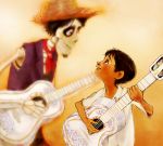  2boys acoustic_guitar bandanna black_hair brown_eyes coco_(disney) dark_skin dark_skinned_male disney facial_hair goatee grandfather_and_grandson guitar hat hector_rivera hood instrument miguel_rivera multiple_boys music playing_instrument short_hair skeleton skull smile straw_hat 