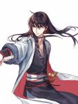  1boy ahoge brown_hair coat floating_hair gourd grey_eyes hair_between_eyes holding holding_sword holding_weapon kangetsu_(fhalei) long_hair long_sleeves male_focus open_clothes open_coat original parted_lips sash simple_background solo standing sword weapon white_background 