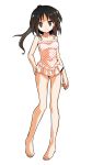  1girl alphes_(style) alternate_costume bangs bare_arms bare_legs bare_shoulders barefoot black_eyes black_hair breasts casual_one-piece_swimsuit closed_mouth collarbone dairi eyebrows eyebrows_visible_through_hair hair_up hakurei_reimu hand_on_hip legs_apart looking_at_viewer medium_breasts one-piece_swimsuit parody polka_dot polka_dot_swimsuit ponytail shiny shiny_hair silent_sinner_in_blue smile solo standing style_parody swimsuit tachi-e touhou white_swimsuit 