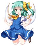  1girl :d arms_up bangs blue_skirt blue_vest brown_footwear cravat daiyousei eyebrows_visible_through_hair fairy_wings green_eyes green_hair hair_between_eyes hair_ribbon highres jumping kneehighs leg_lift looking_at_viewer mary_janes open_hands open_mouth puffy_short_sleeves puffy_sleeves ribbon ruu_(tksymkw) shirt shoes short_hair short_sleeves side_ponytail simple_background skirt skirt_set smile solo touhou vest white_background white_legwear white_shirt wings yellow_neckwear yellow_ribbon 