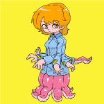  1girl arms blonde_hair blue_shirt breasts buttons collared_shirt extra_arms eyebrows_visible_through_hair gobori looking_at_viewer monster_girl octopus orange_eyes original shiny shirt simple_background solo standing tentacle yellow_background 