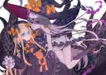  2girls abigail_williams_(fate/grand_order) absurdres ahase_hino black_bow black_dress black_gloves black_hat black_legwear black_panties blonde_hair blue_eyes blush bow carrying dress dual_persona elbow_gloves fate/grand_order fate_(series) gloves glowing glowing_eye grey_hair hair_bow hat hat_bow highres keyhole long_hair long_sleeves looking_at_viewer multiple_girls orange_bow pale_skin panties pixiv_fate/grand_order_contest_2 polka_dot polka_dot_bow red_eyes revealing_clothes skull_print sleeves_past_fingers sleeves_past_wrists smile stuffed_animal stuffed_toy teddy_bear teeth tentacle third_eye topless underwear very_long_hair white_bloomers witch_hat 