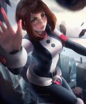  1girl bodysuit boku_no_hero_academia breasts bridge brown_eyes brown_hair building carlos_miguel city cityscape commentary cowboy_shot debris floating freckles highres large_breasts looking_at_viewer outstretched_hand parted_lips reaching_out river short_hair sidelocks skin_tight sky skyscraper solo uraraka_ochako 