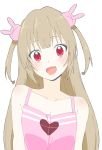  1girl absurdres bangs blush breasts bunny_hair_ornament cleavage collarbone donguri_suzume dress fang hair_ornament head_tilt highres light_brown_hair long_hair looking_at_viewer natori_sana open_mouth pink_dress red_eyes sana_channel sleeveless solo two_side_up virtual_youtuber 