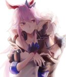  1boy 1girl animal_ears bangs black_gloves black_jacket closed_mouth commission eucacell fox_ears gloves hair_ornament headphones headphones_around_neck highres honkai_(series) honkai_impact_3rd hug hug_from_behind jacket kalpas_(honkai_impact) long_hair looking_at_viewer mask pink_hair shirt simple_background sleeves_past_elbows third-party_source violet_eyes white_background white_gloves white_hair white_shirt yae_sakura yae_sakura_(goushinnso_memento) 