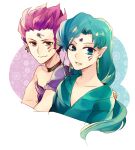  2boys :d androgynous aqua_hair bishoujo_senshi_sailor_moon blue_eyes choker closed_mouth earrings facial_mark fish_eye_(sailor_moon) forehead_jewel hawk_eye_(sailor_moon) jewelry long_hair low-tied_long_hair male_focus multiple_boys open_mouth pink_hair pointy_ears short_hair smile sugu0v0 unmoving_pattern upper_body yellow_eyes 